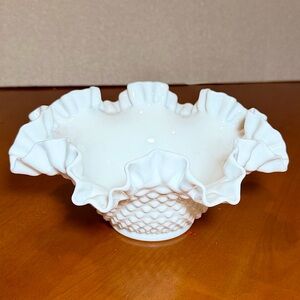 Vintage Fenton Ruffled Hobnail Authentic Milk Glass Bowl 9.5”